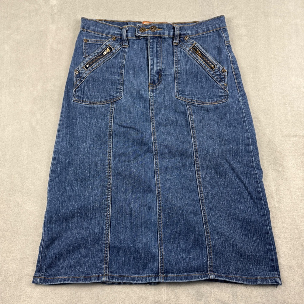 Y2K Out Women's Denim Jeans Midi Blue A-Line Stretch Skirt With Pockets‎ Size 10